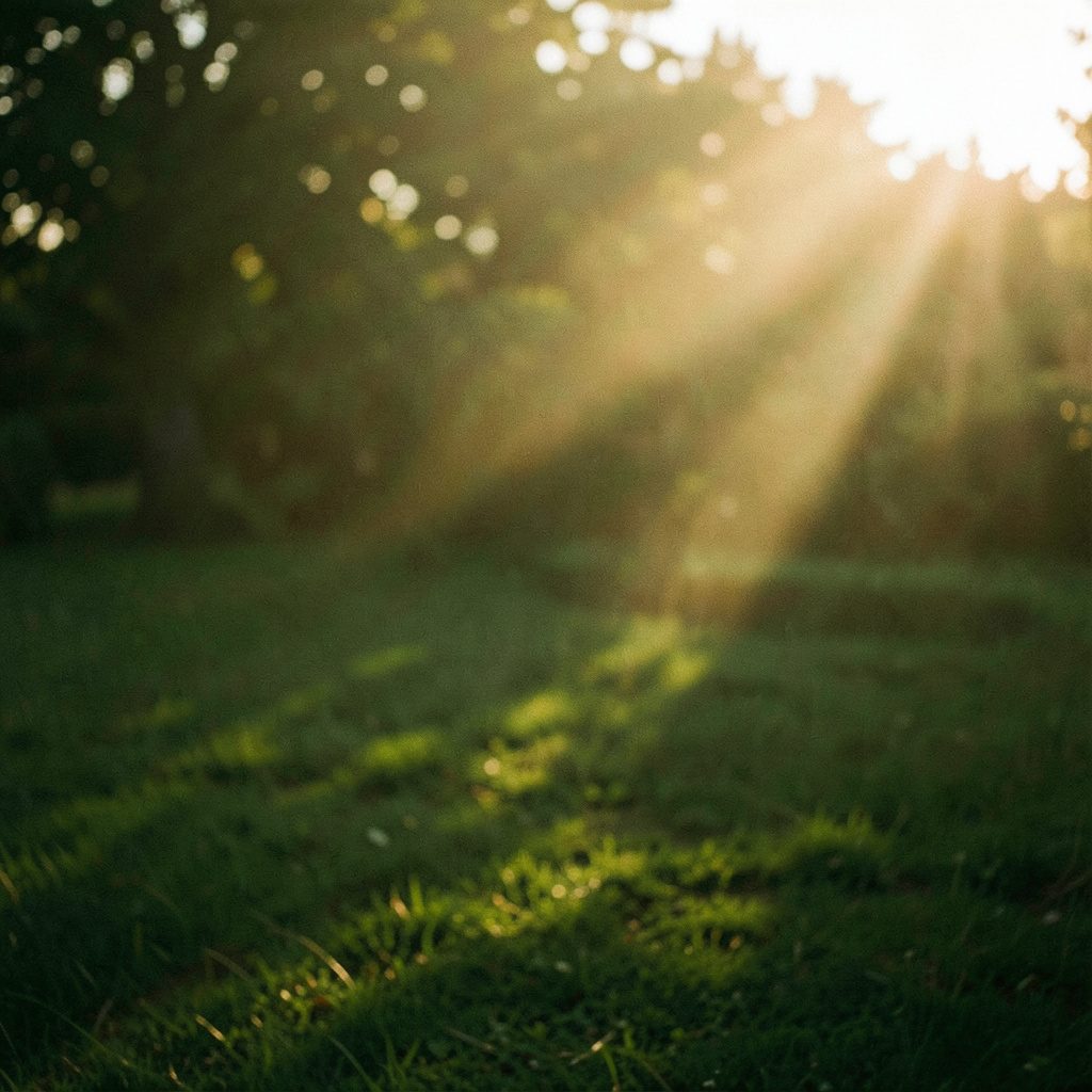 Sunlit campus pathway with lush greenery and dappled light