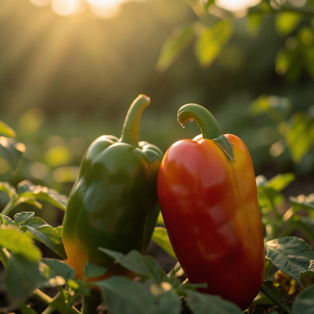 Vibrant red and green peppers growing on plants in a sunlit garden