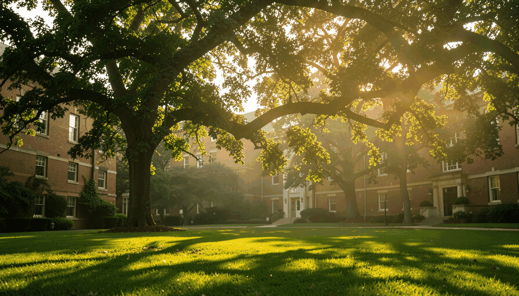 Sunlit university campus with brick buildings and oak trees, warm golden light filtering through branches onto a green lawn