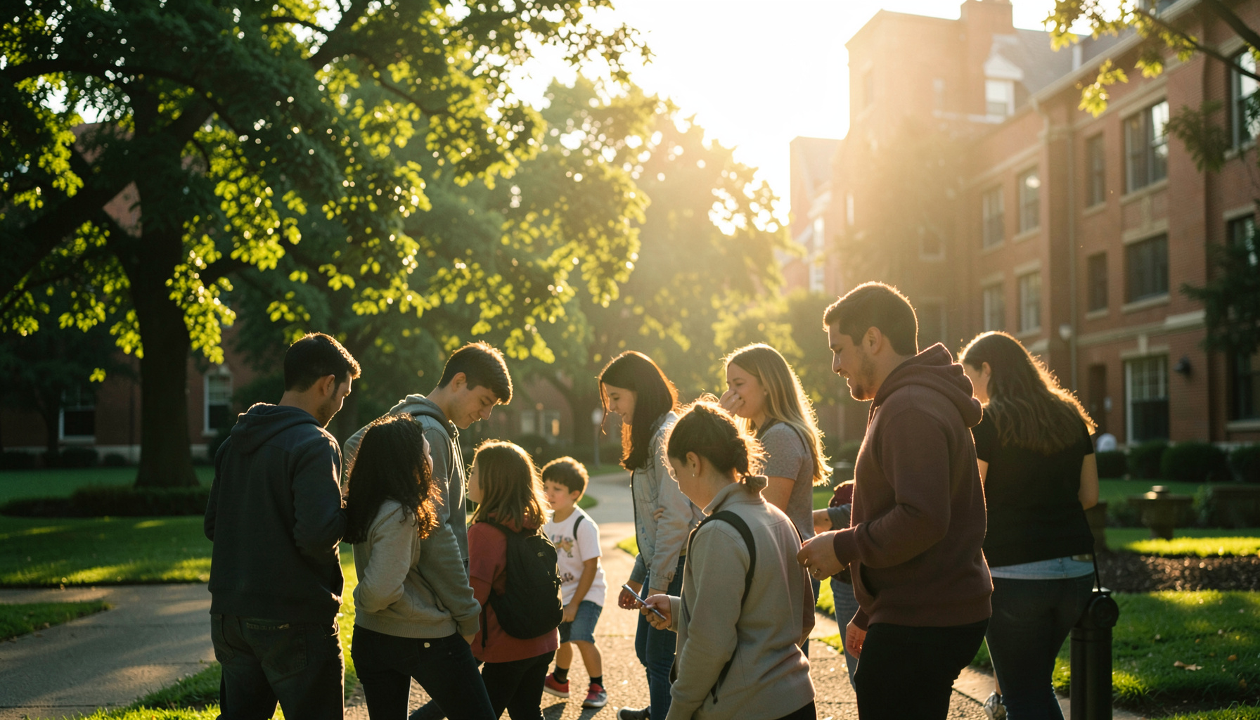 Students collaborating outdoors on a university campus, bathed in warm golden-hour sunlight with green trees and brick buildings in the background.