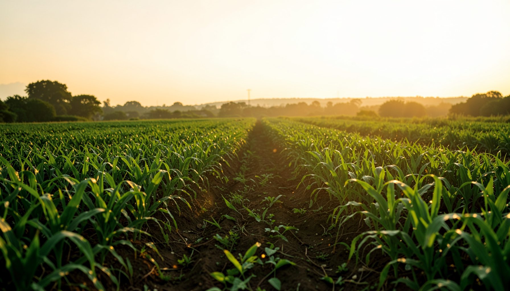 A sunlit agricultural field at golden hour with rows of healthy green crops stretching toward a warm horizon