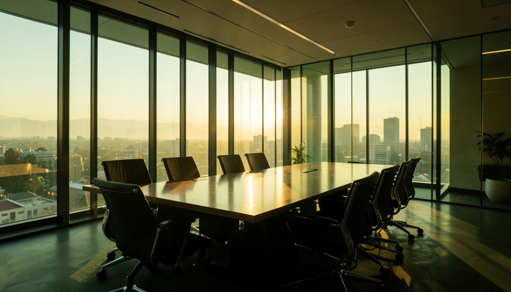 A wide-angle photograph of a modern glass-walled corporate meeting space with warm golden-hour sunlight streaming through, casting long shadows across a polished conference table