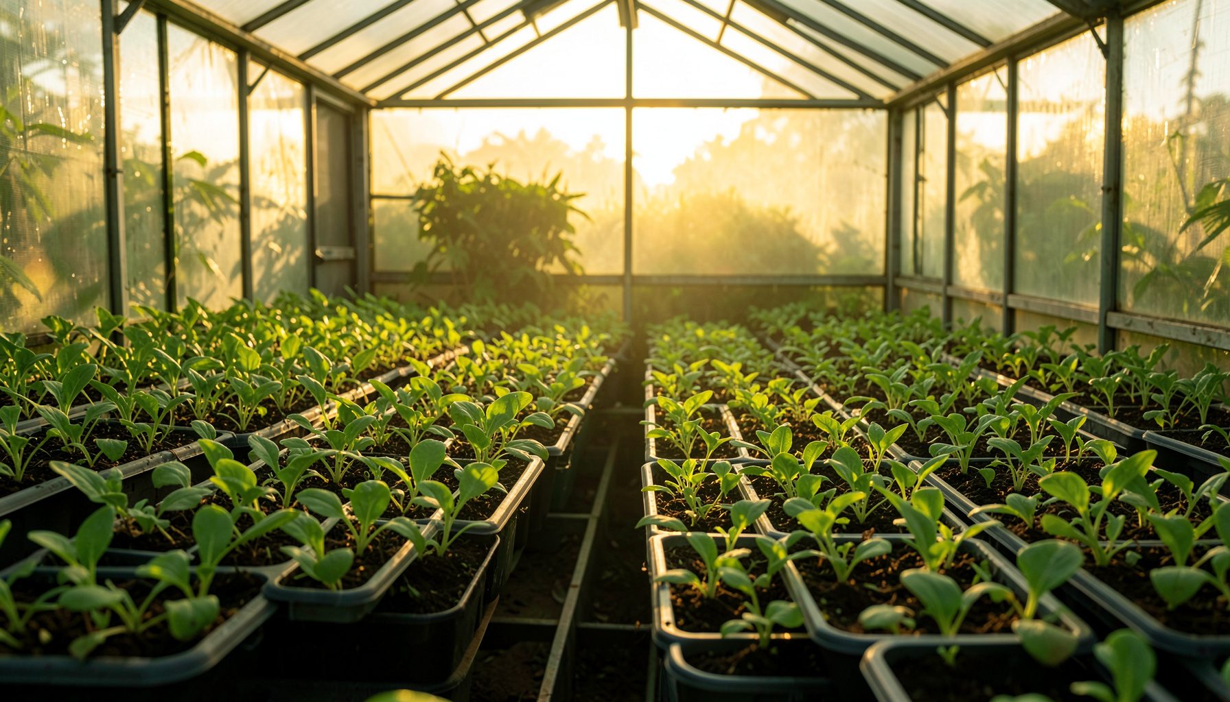 A greenhouse interior bathed in warm golden-hour light, with rows of vibrant vegetable seedlings in trays