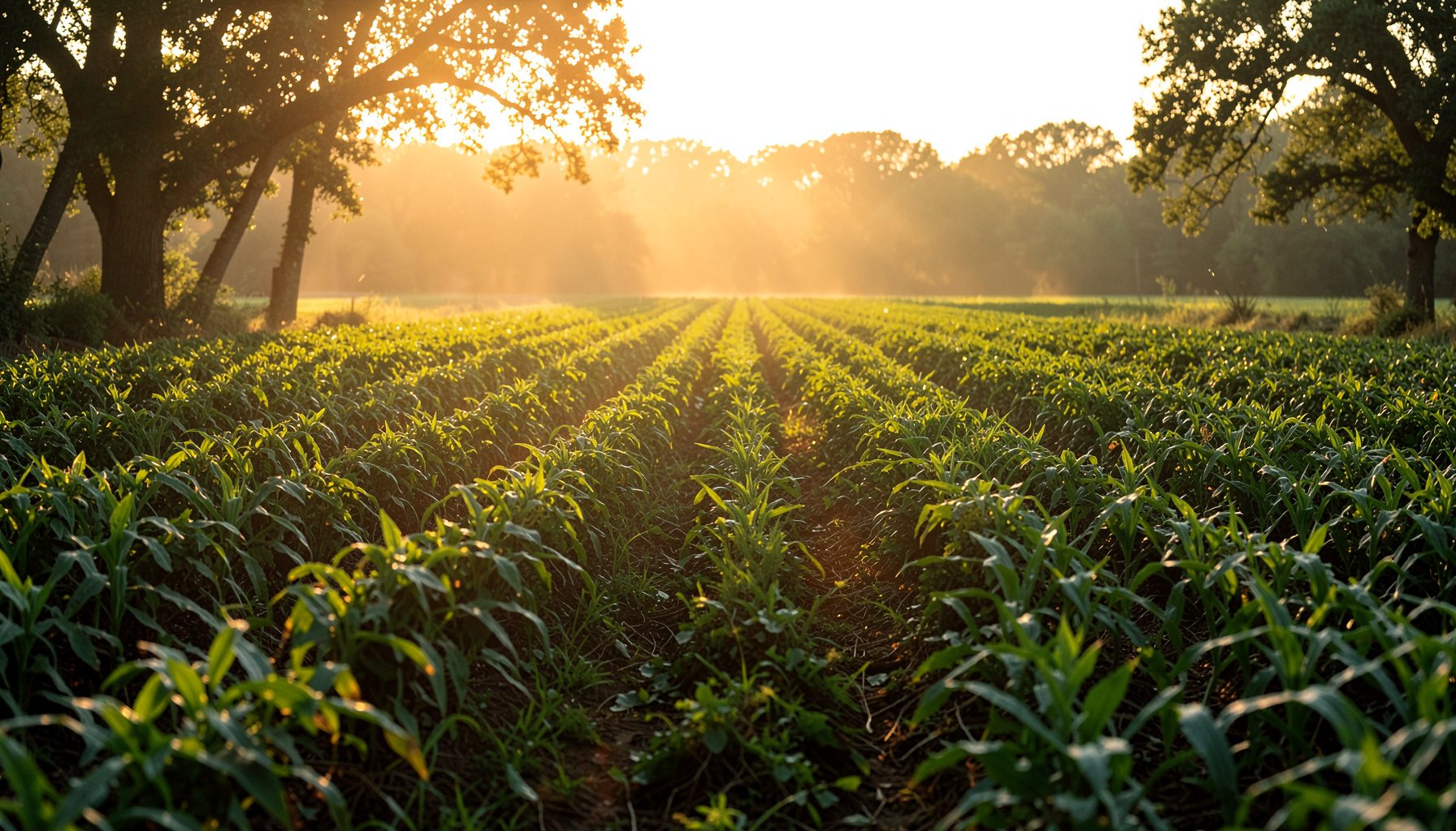 A warm golden-hour photograph of a sunlit agricultural field with rows of green crops stretching toward the horizon, soft amber light filtering through scattered trees.