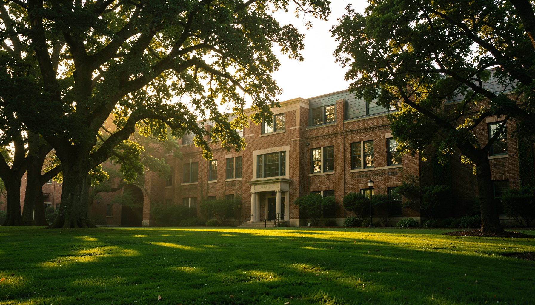 Warm golden-hour light falling across a brick academic building façade framed by mature oak trees and a broad lawn