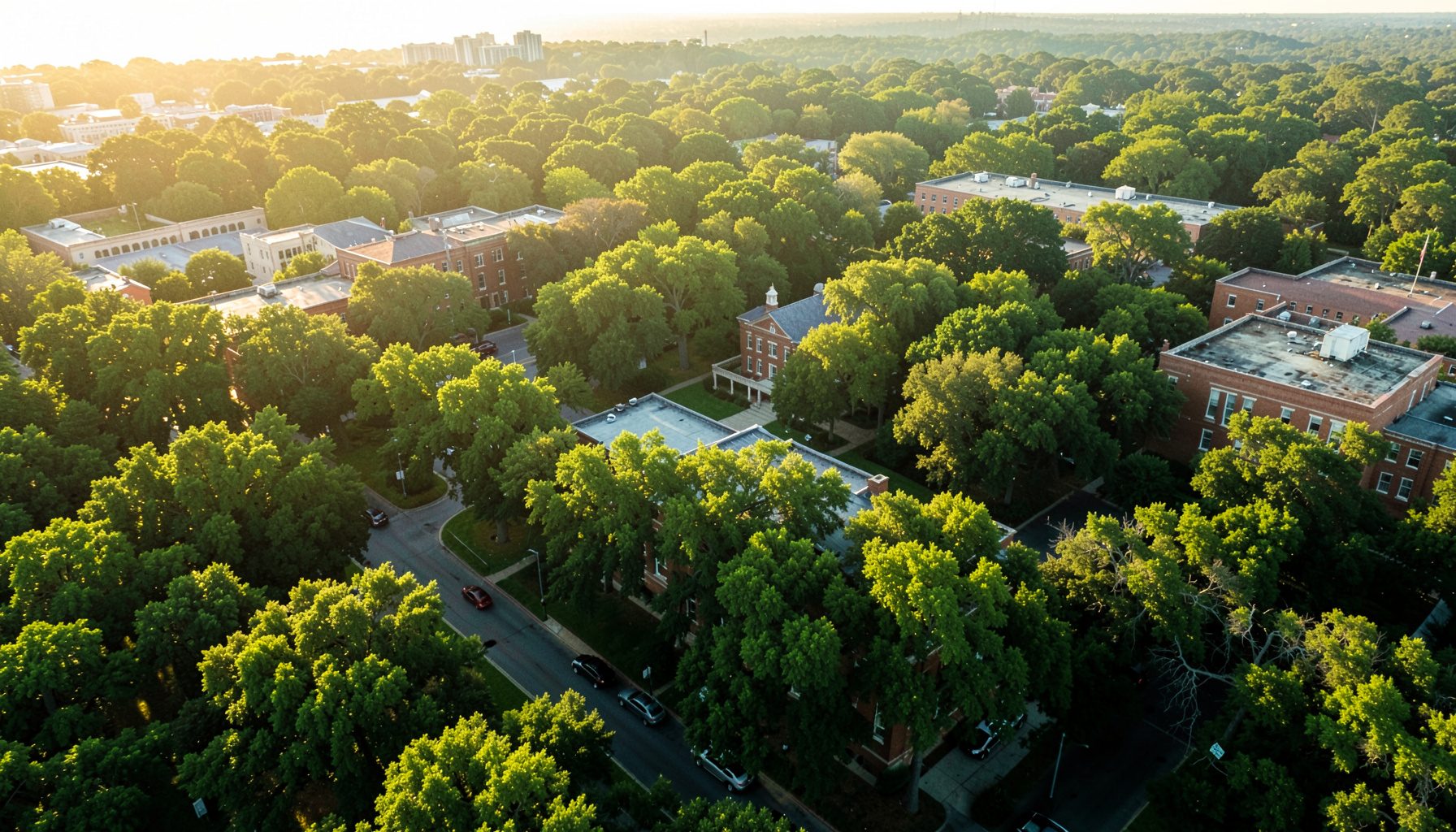 Aerial view of the University of Florida campus in Gainesville on a bright afternoon, with red-brick buildings nestled among dense green tree canopy