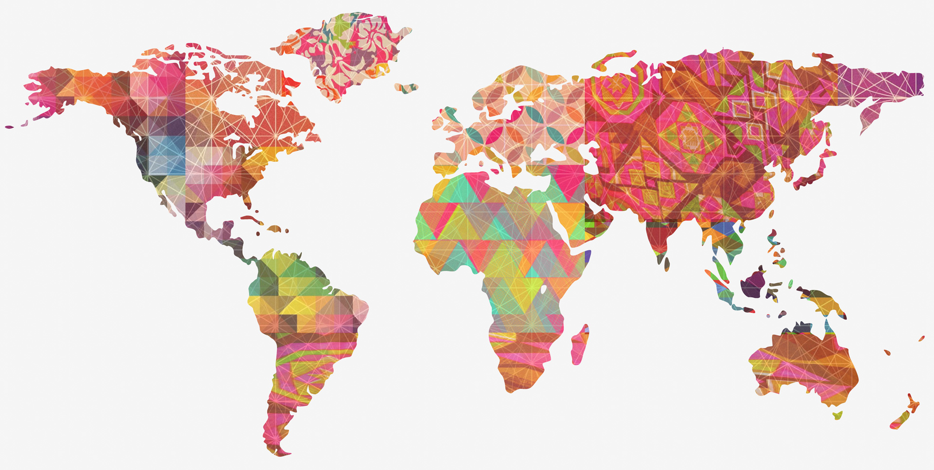 Colorful geometric world map illustration in warm pink, orange, and red tones, evoking a sense of connection across continents