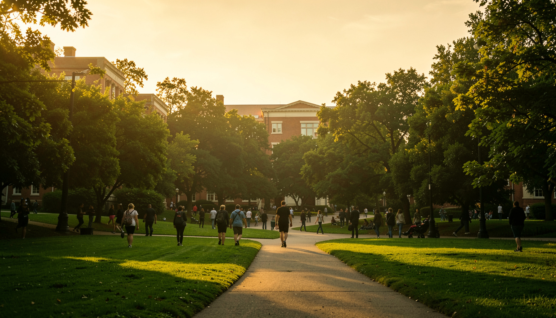 A warm golden-hour photograph of a university campus green with students walking along tree-lined paths, brick buildings in the background under a soft amber sky